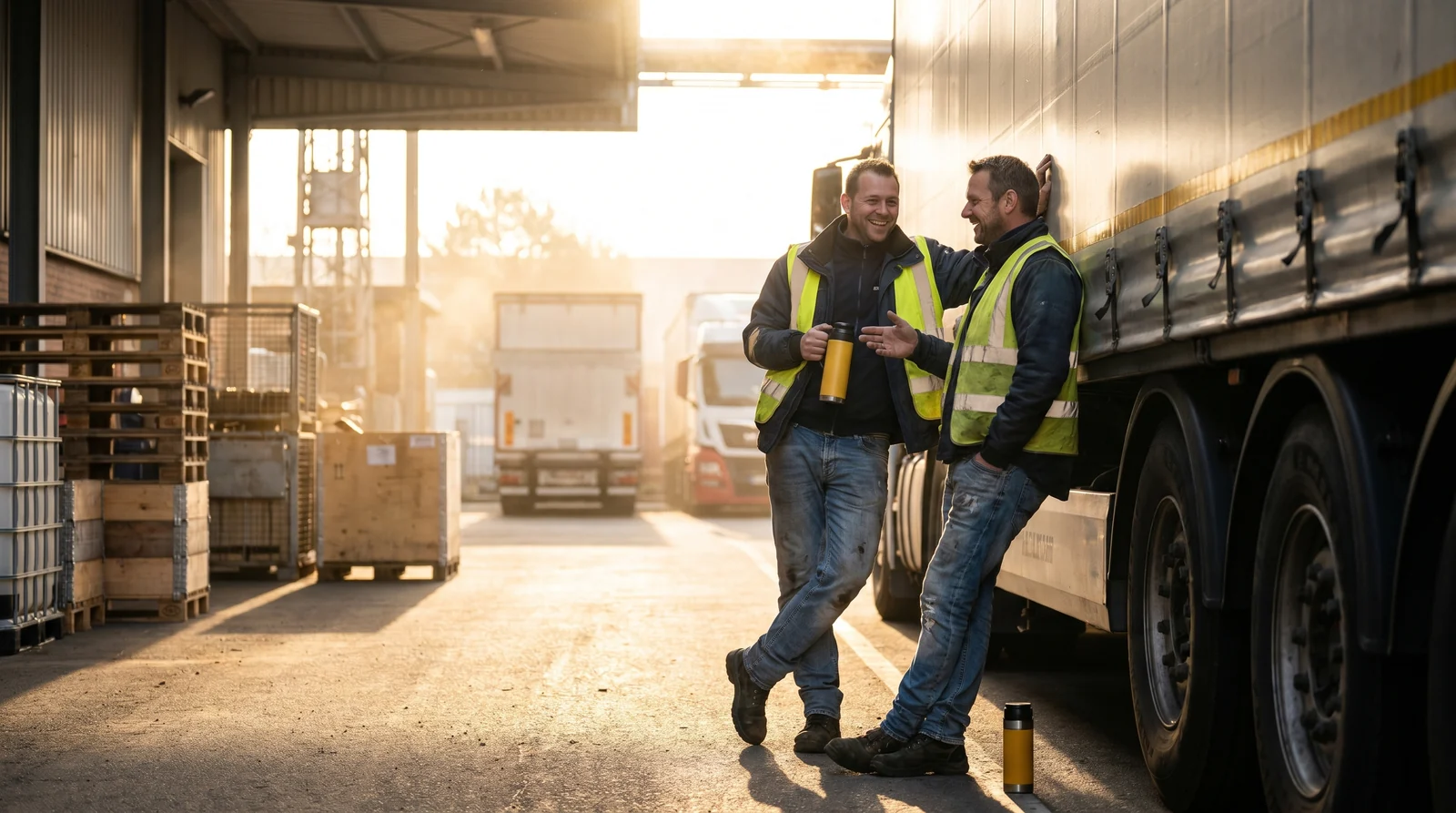 Zwei Lkw-Fahrer unterhalten sich freundlich am sonnigen Depot-Hof