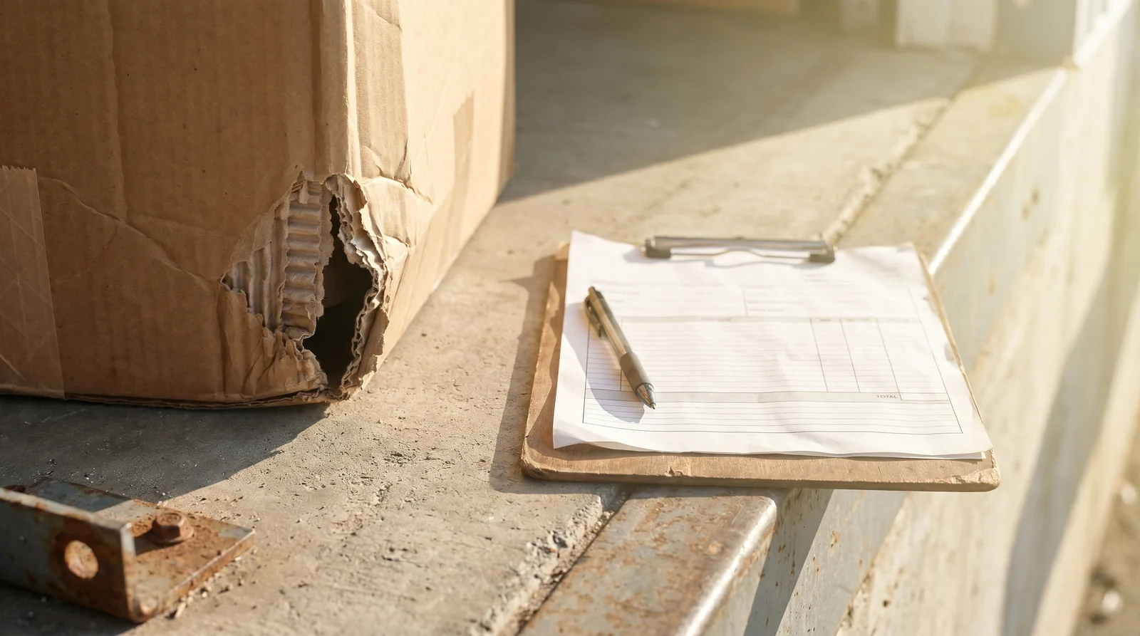 Klemmbrett und Detail eines beschädigten Karton-Ecks auf sonniger Rampe