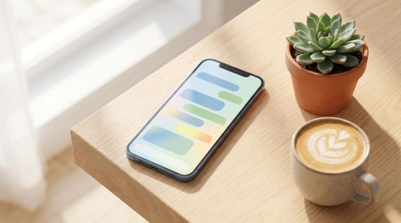 Smartphone mit abstrakter Chat-Oberfläche auf hellem Schreibtisch