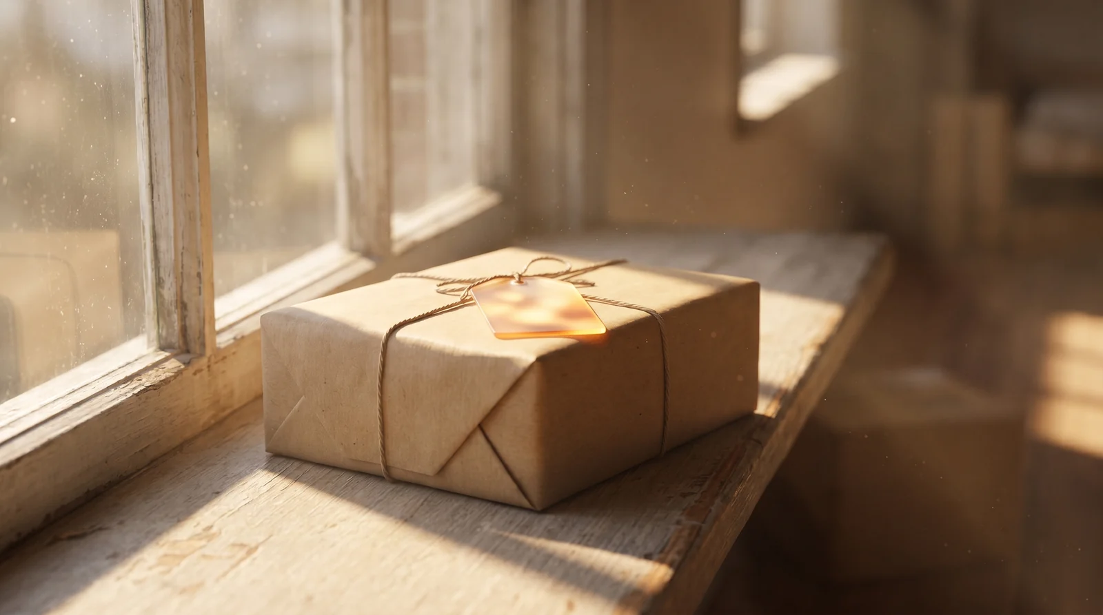 Paket auf sonniger Fensterbank mit weichem Status-Tag im Morgenlicht