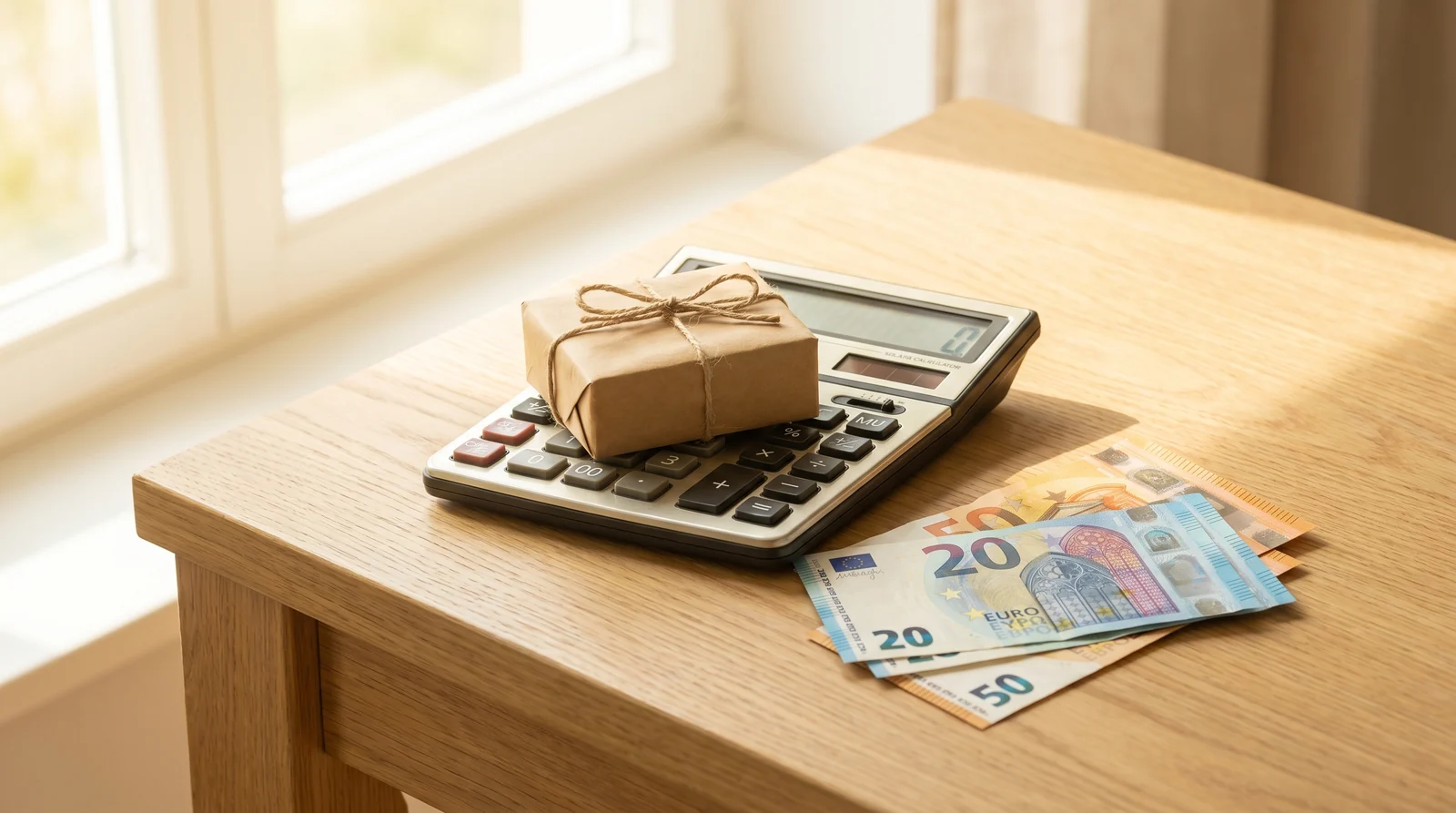 Taschenrechner, Paket und Geldscheine auf sonnigem Schreibtisch
