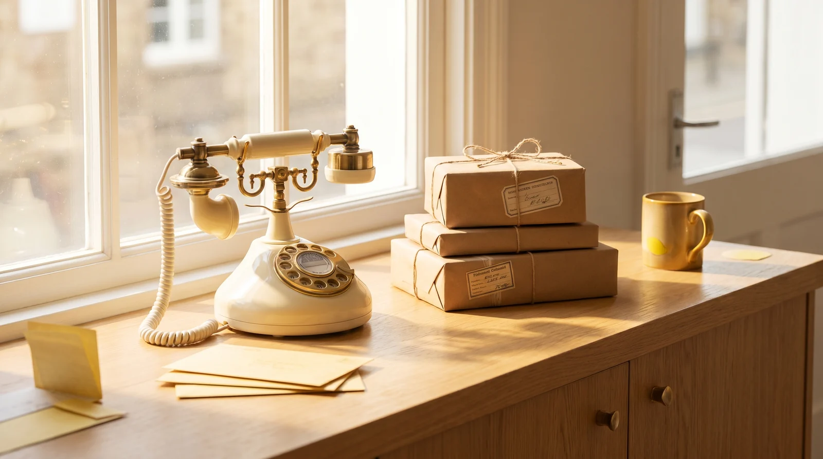 Tischtelefon neben einem Paketstapel auf sonnigem Tresen
