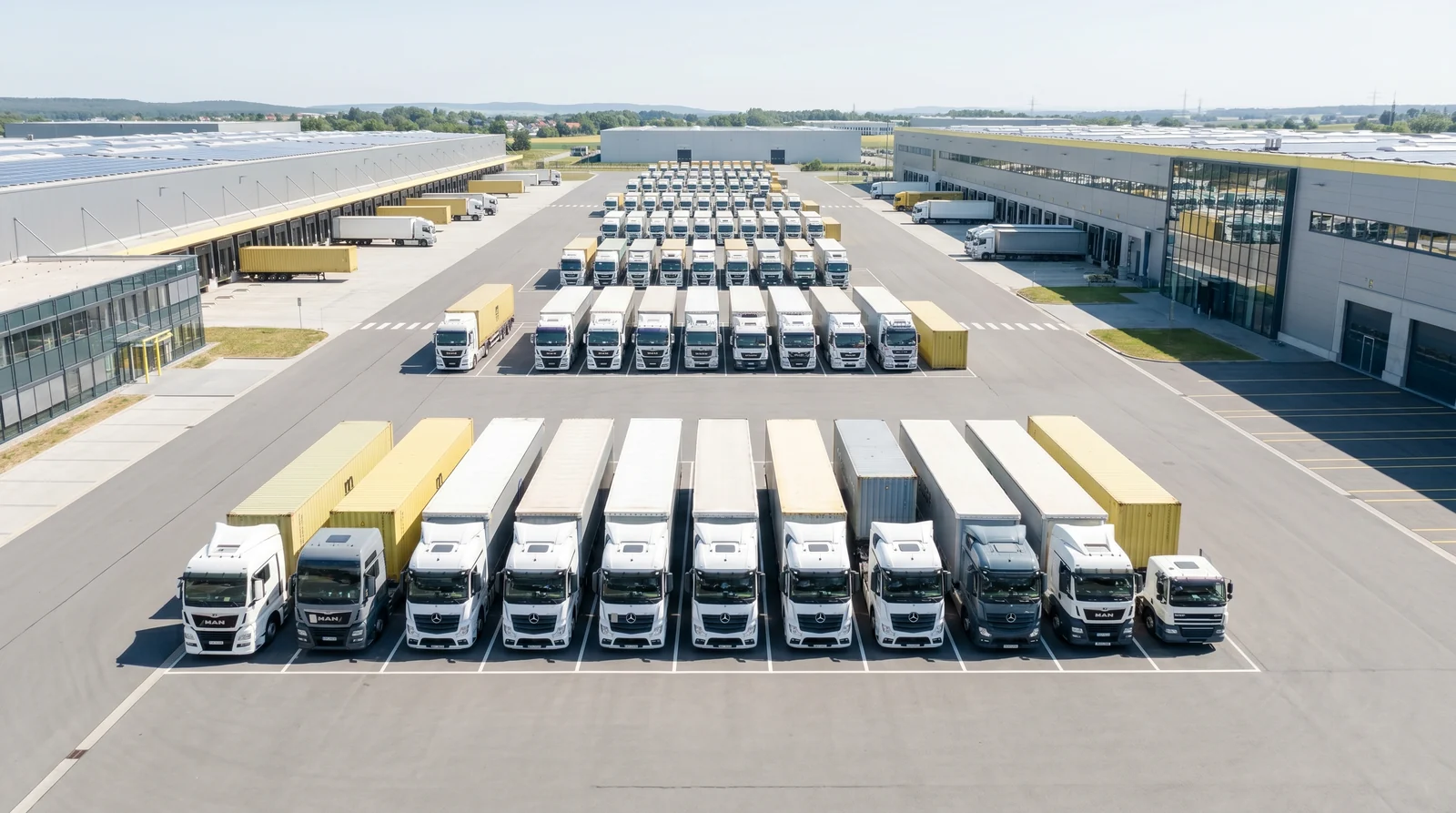 Aufgeräumter Depot-Hof mit geordneten Lkw bei hellem Tageslicht