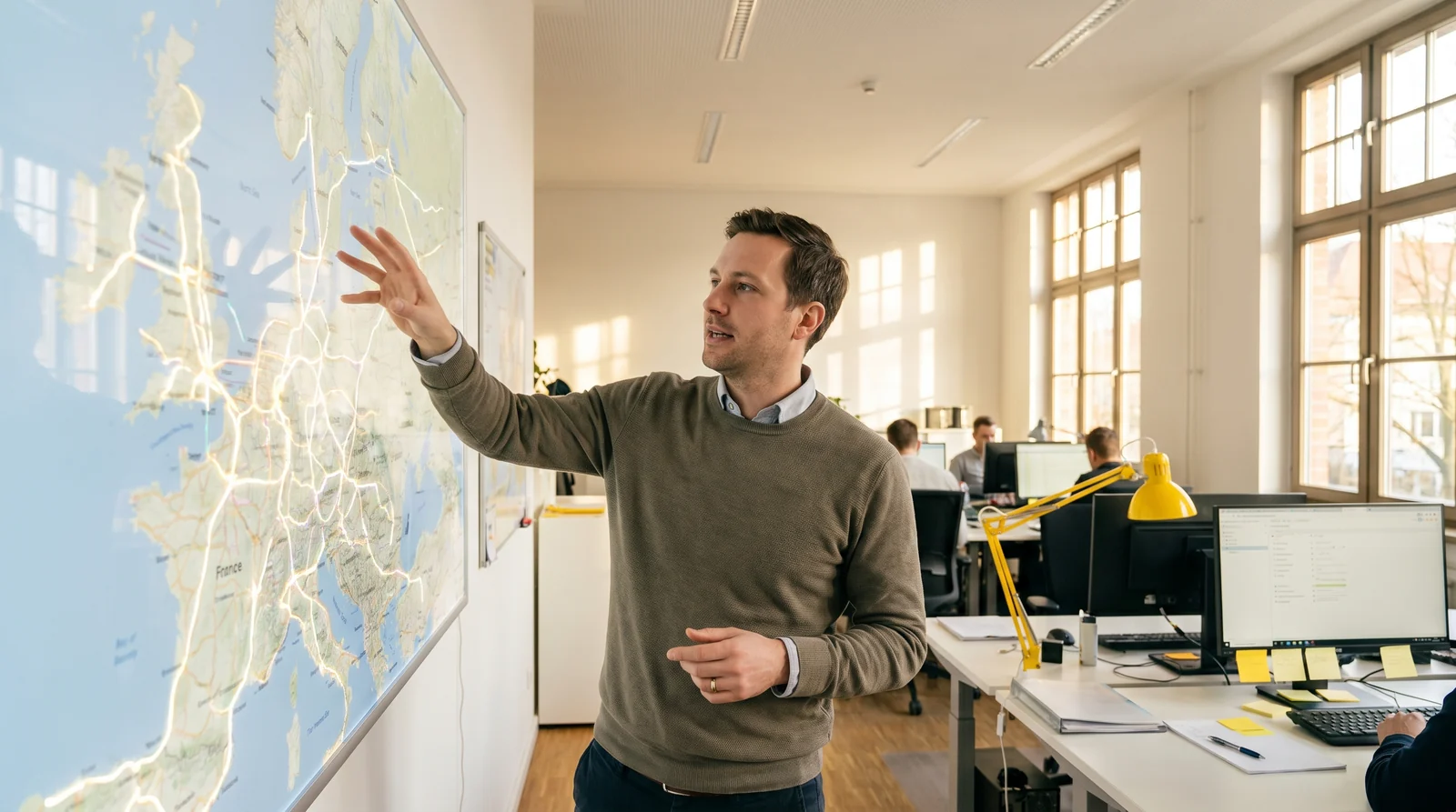 Disponent gestikuliert an heller Routen-Wandkarte im sonnigen Büro