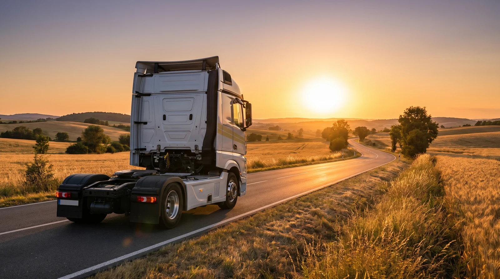 Einzelner Lkw auf sonniger Landstraße von hinten im Gegenlicht