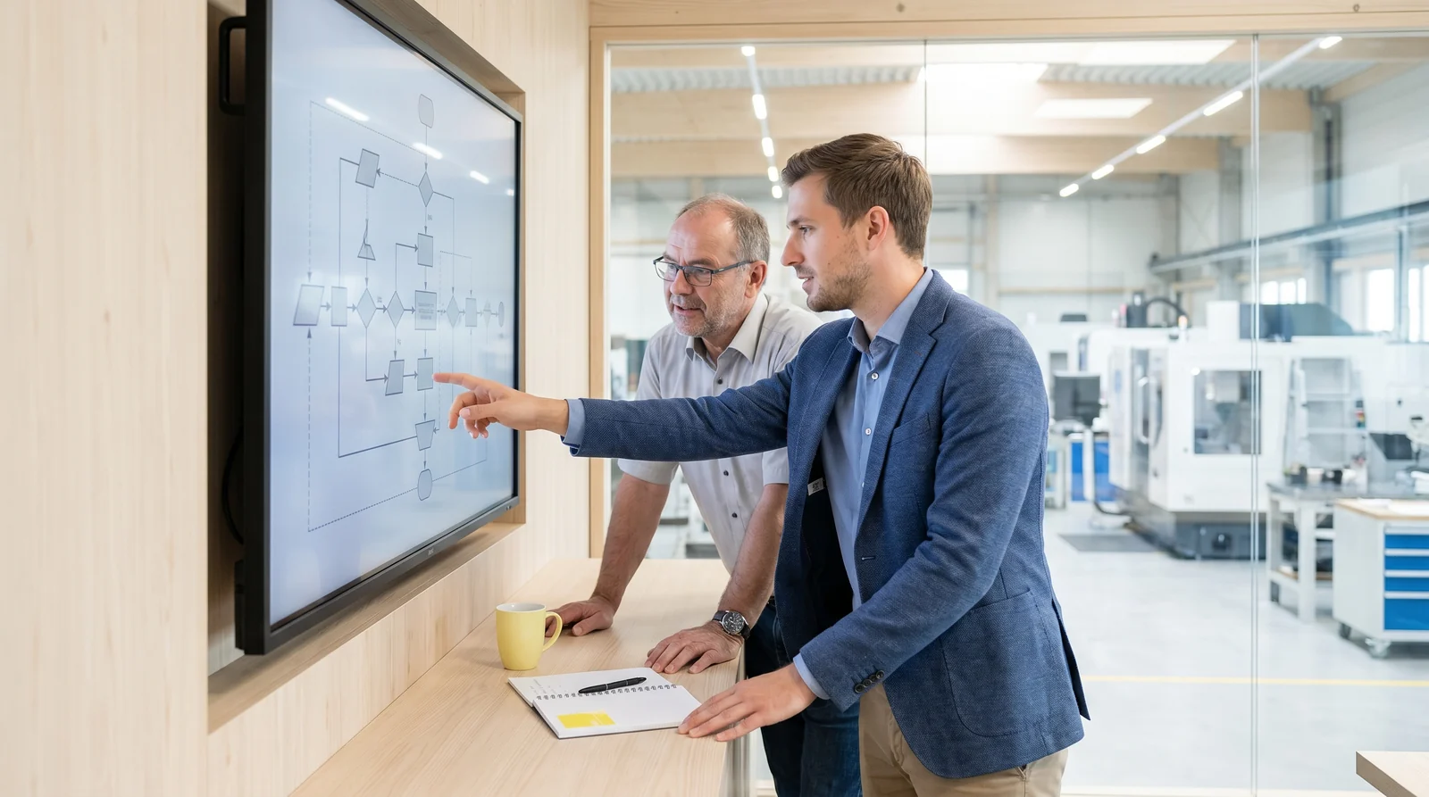 Zwei Ingenieure prüfen ein abstraktes Prozessdiagramm am Bildschirm