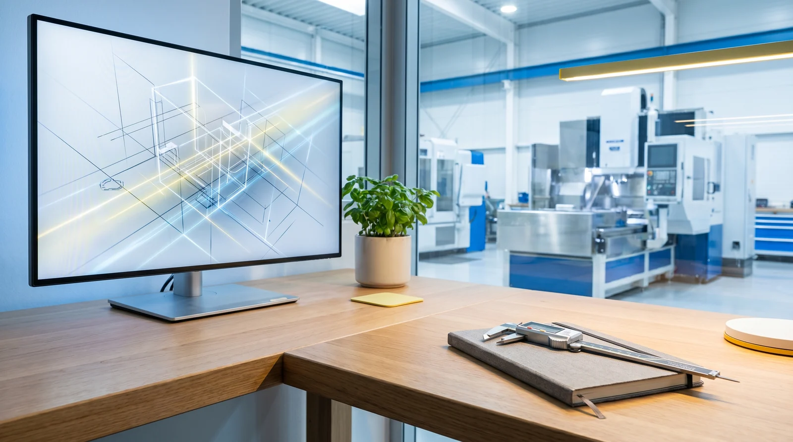 Engineering-Schreibtisch mit Monitor und abstrakter technischer Zeichnung