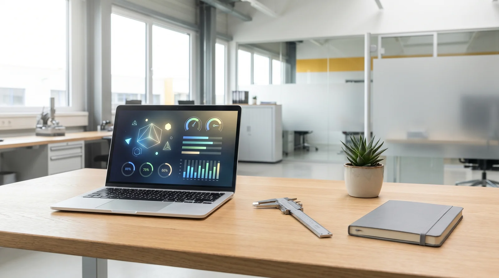 Engineering-Schreibtisch mit Laptop und abstraktem Analyse-Dashboard