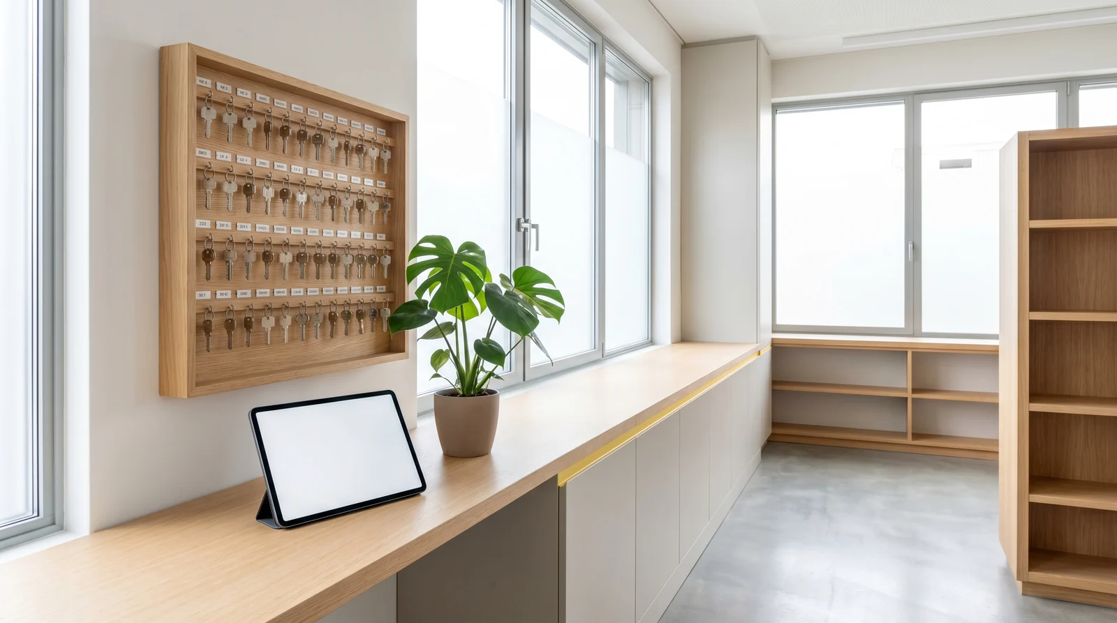 Schlüsselboard und Tablet im Büro einer modernen Hausverwaltung