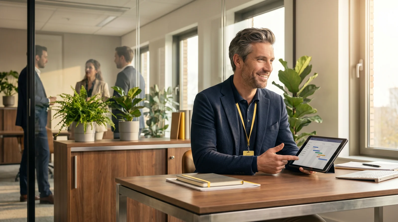 Manager startet zuversichtlich ein Projekt am Schreibtisch mit Tablet