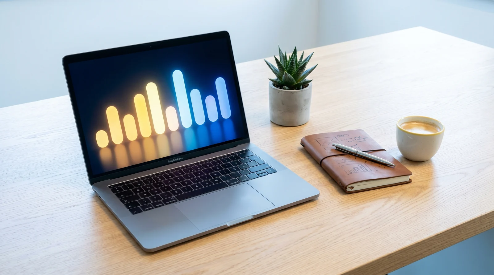 Schreibtisch mit Laptop und abstrakter Balkengrafik als Sinnbild für den KI-Status im Mittelstand