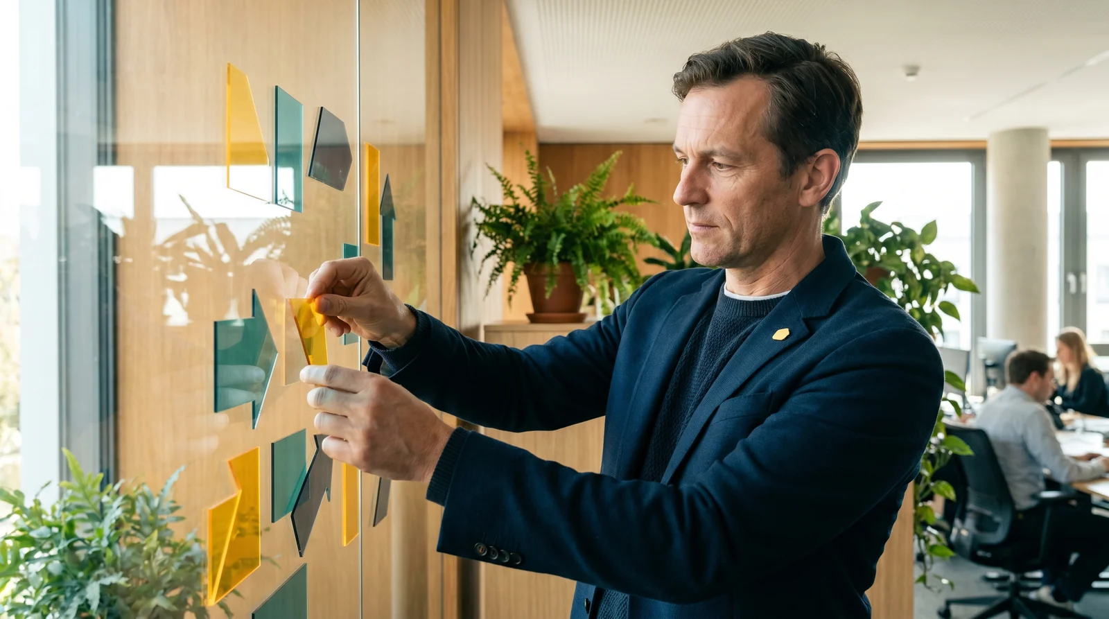 Manager ordnet abstrakte Strategiekarten an einer Glaswand im hellen Büro