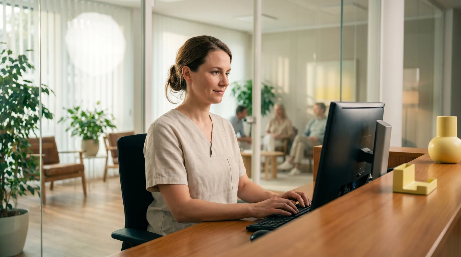 Ruhige medizinische Fachangestellte arbeitet gelassen am Empfangscomputer einer modernen Praxis