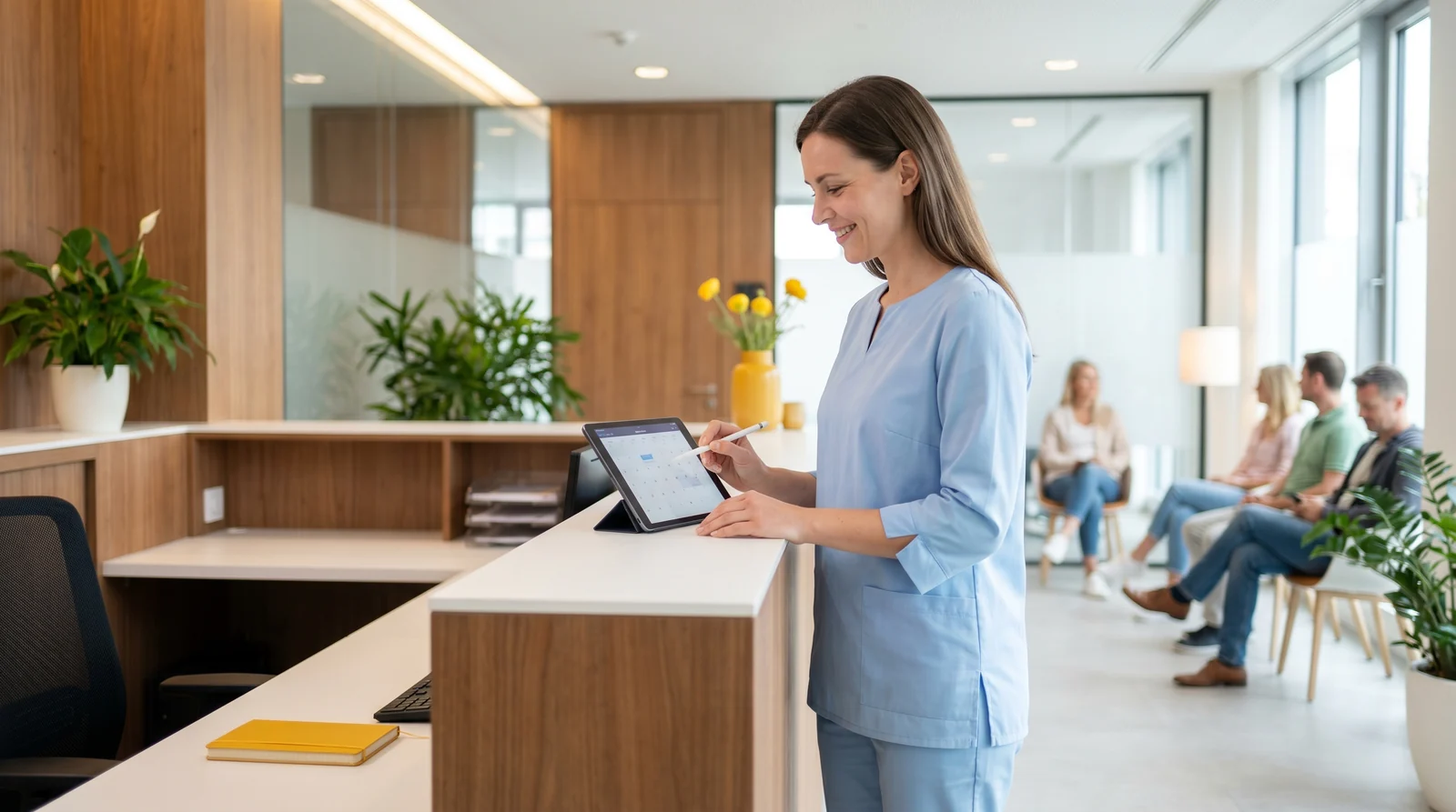 Medizinische Fachangestellte sendet ruhig eine digitale Erinnerung am Tablet am Empfang der Praxis