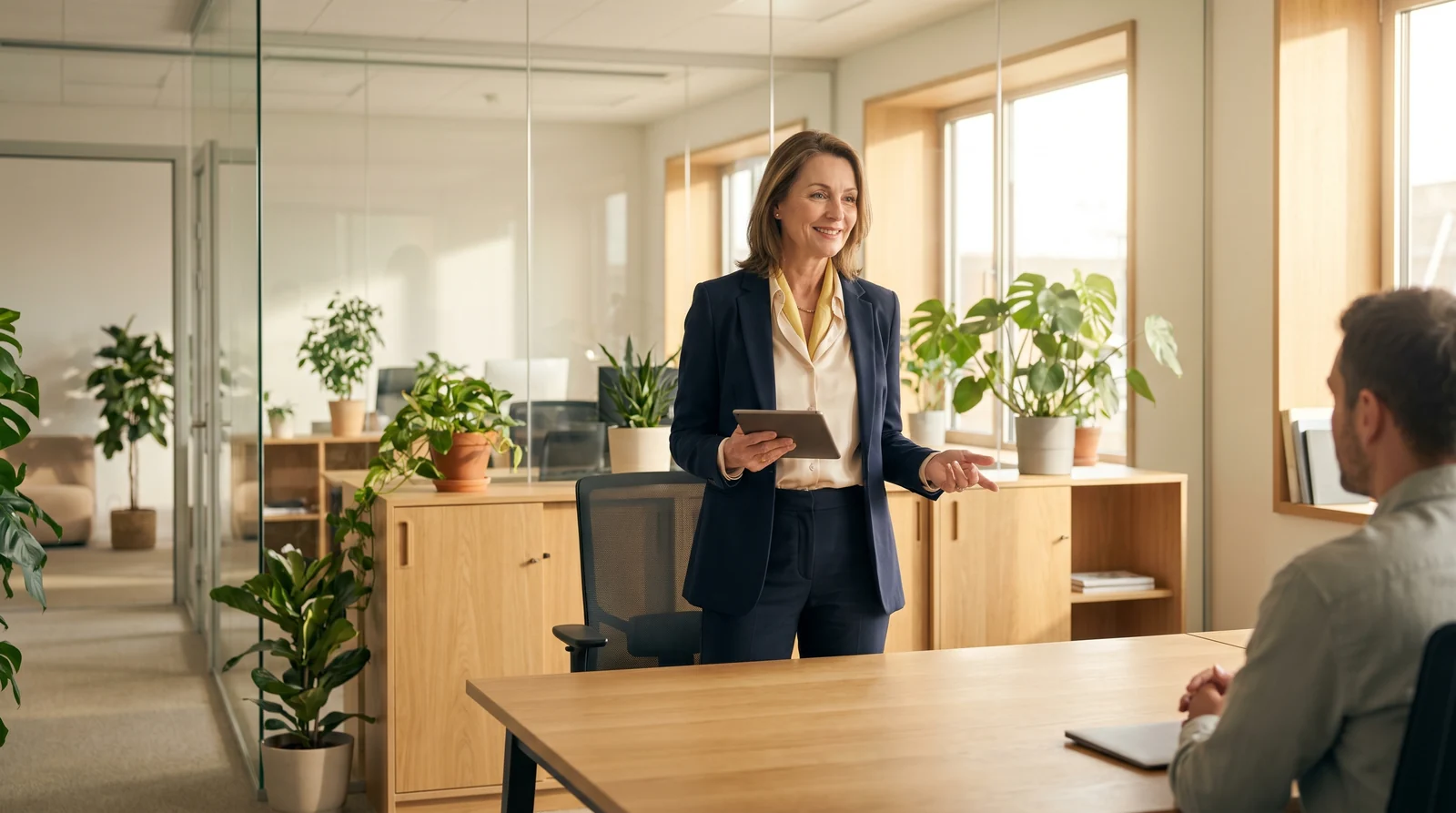 Selbstbewusste Hausverwalterin in einem hellen modernen Büro