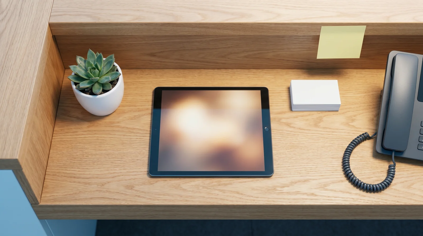 Aufgeräumter Empfangstresen einer Arztpraxis mit Tablet, Telefon und Pflanze