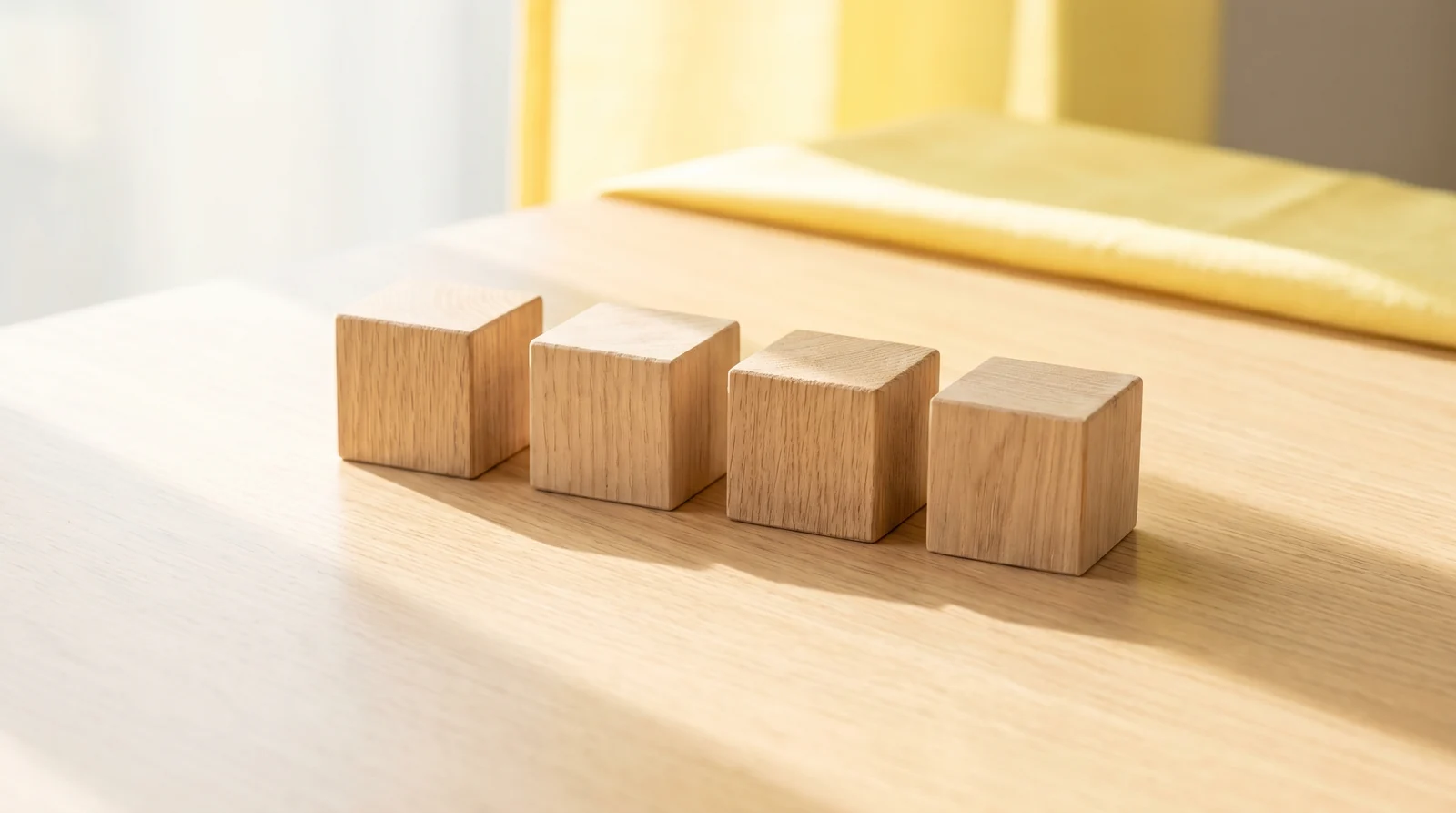 Vier kleine Holzblöcke in einer Reihe auf sonnigem Schreibtisch, minimal