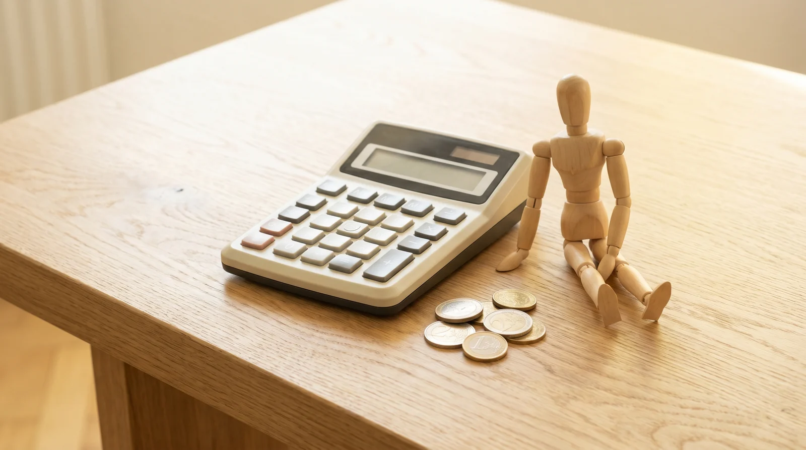 Taschenrechner, ein paar Euro-Münzen und kleine Anatomiefigur auf sonnigem Schreibtisch