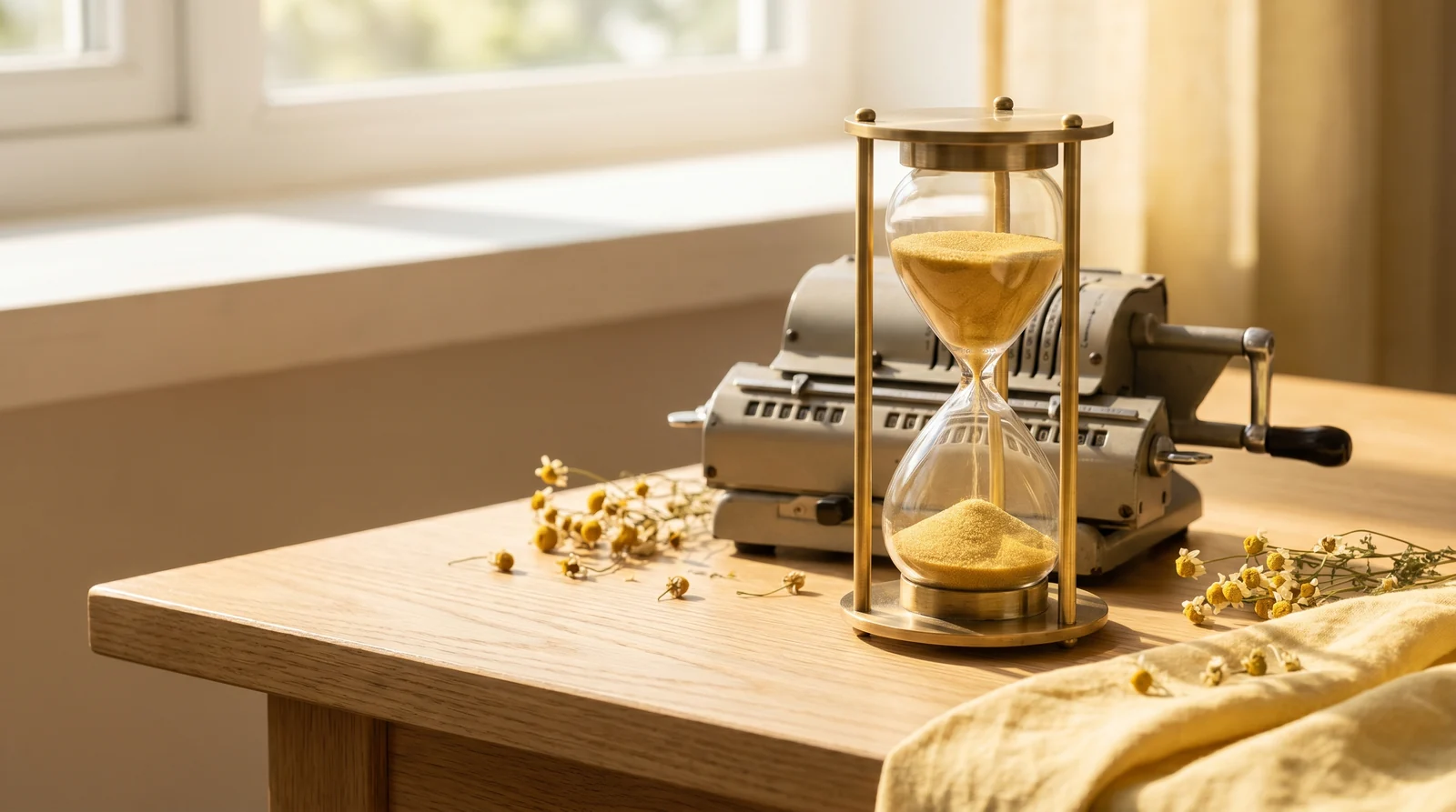 Sanduhr und Taschenrechner auf sonnigem Holztisch