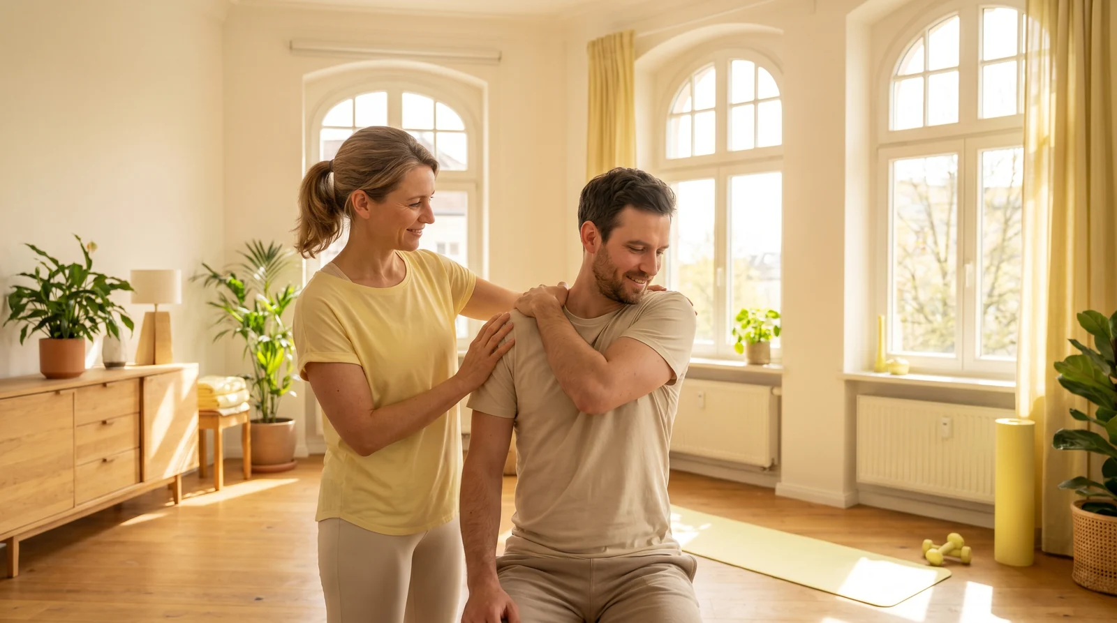 Physiotherapeut führt Patienten durch eine sanfte Schulterübung im hellen Raum