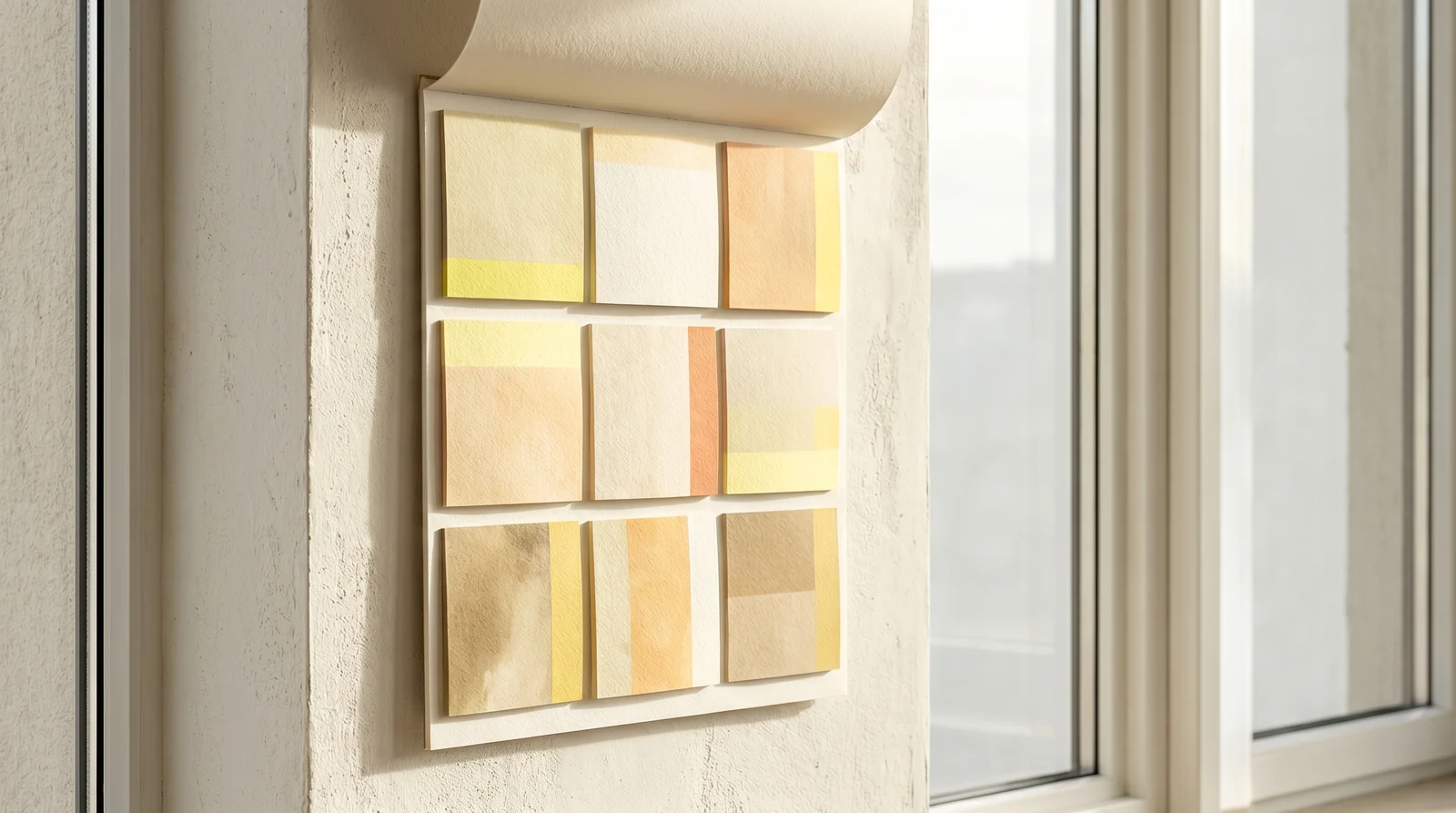 Wandkalender mit abstrakten Quartalsblöcken als Farbfelder im Fensterlicht