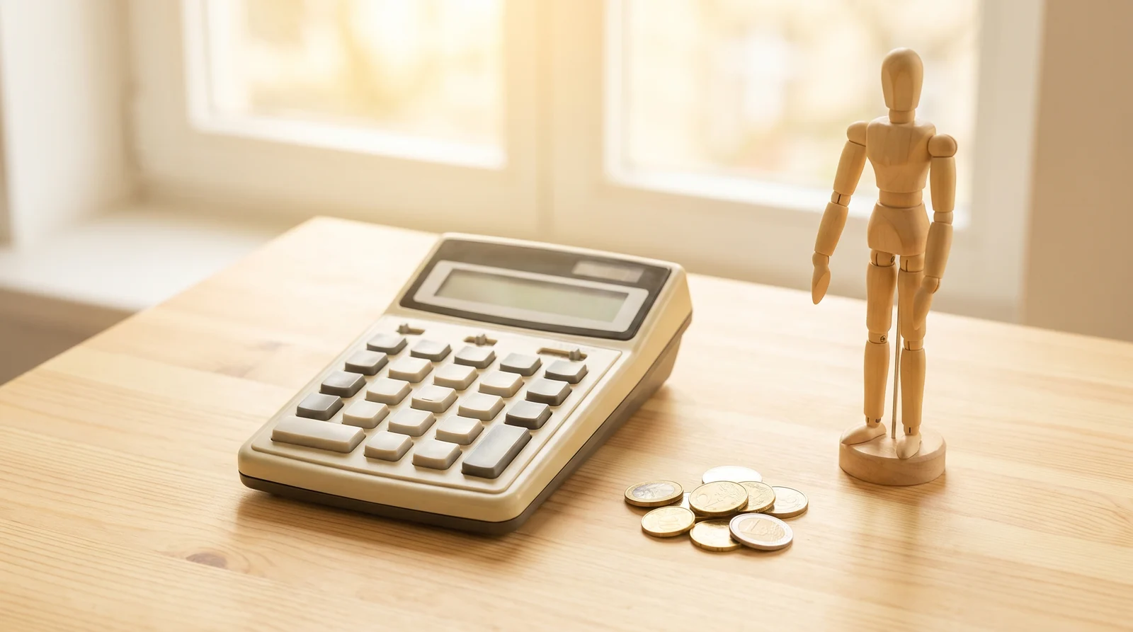 Taschenrechner, Euro-Münzen und kleine Anatomiefigur auf sonnigem Schreibtisch