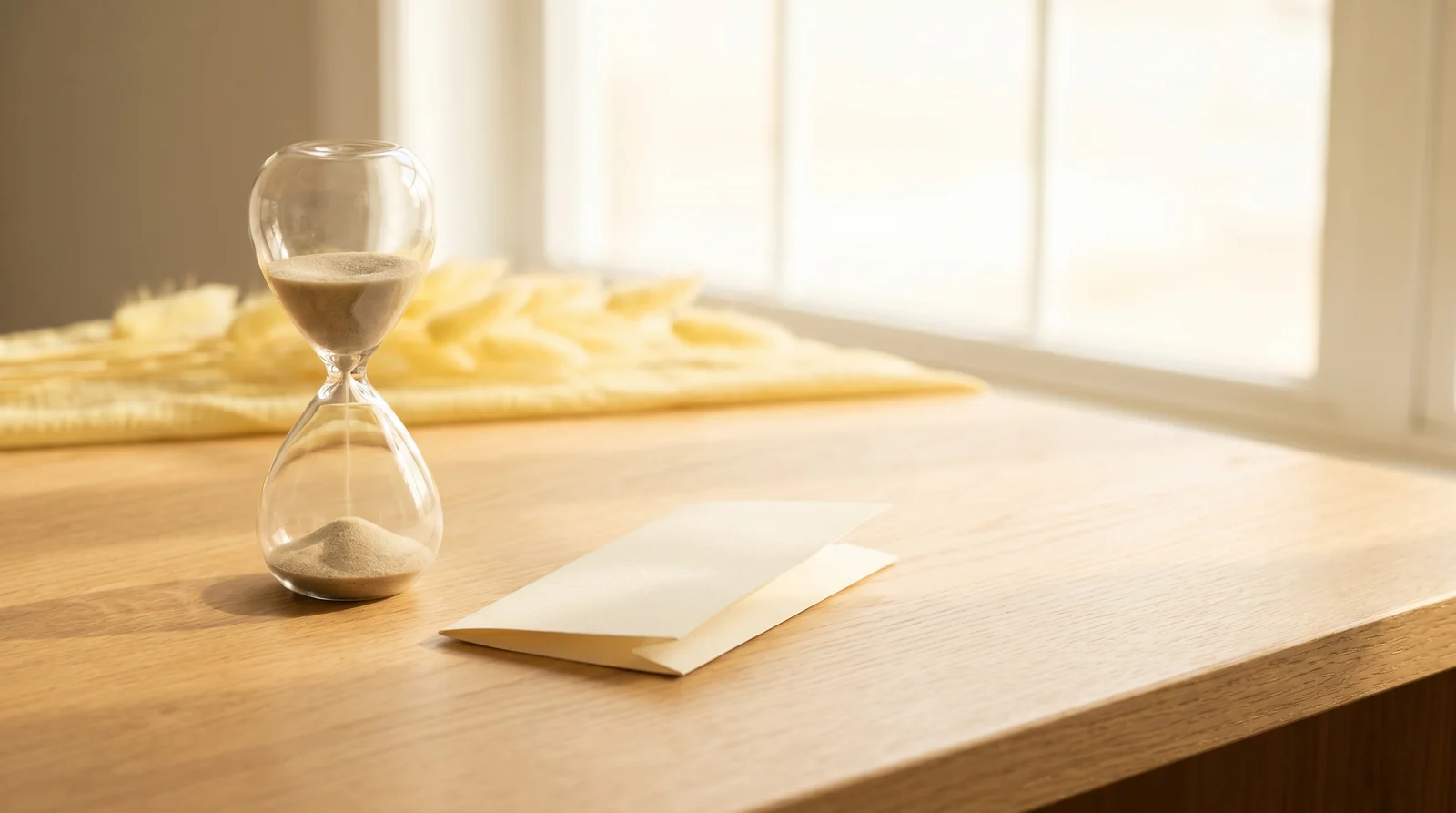 Sanduhr und gefalteter Papierschein auf sonnigem Holztisch, weiches warmes Licht
