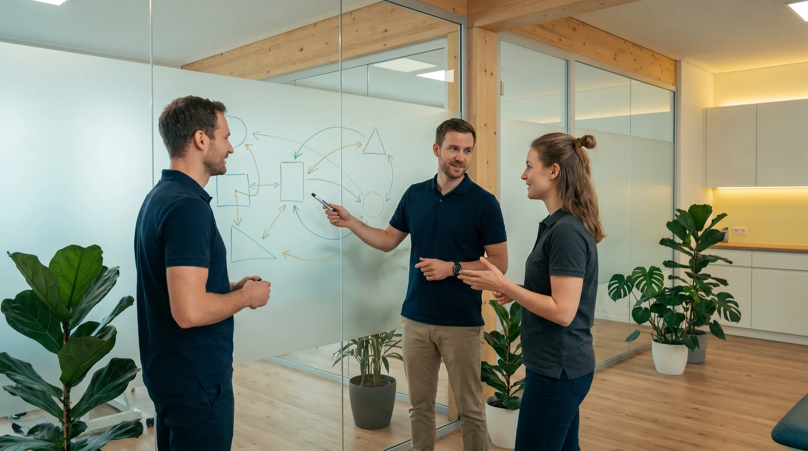 Physiotherapie-Kolleginnen und -Kollegen planen gemeinsam an einem Glas-Whiteboard in der Praxis