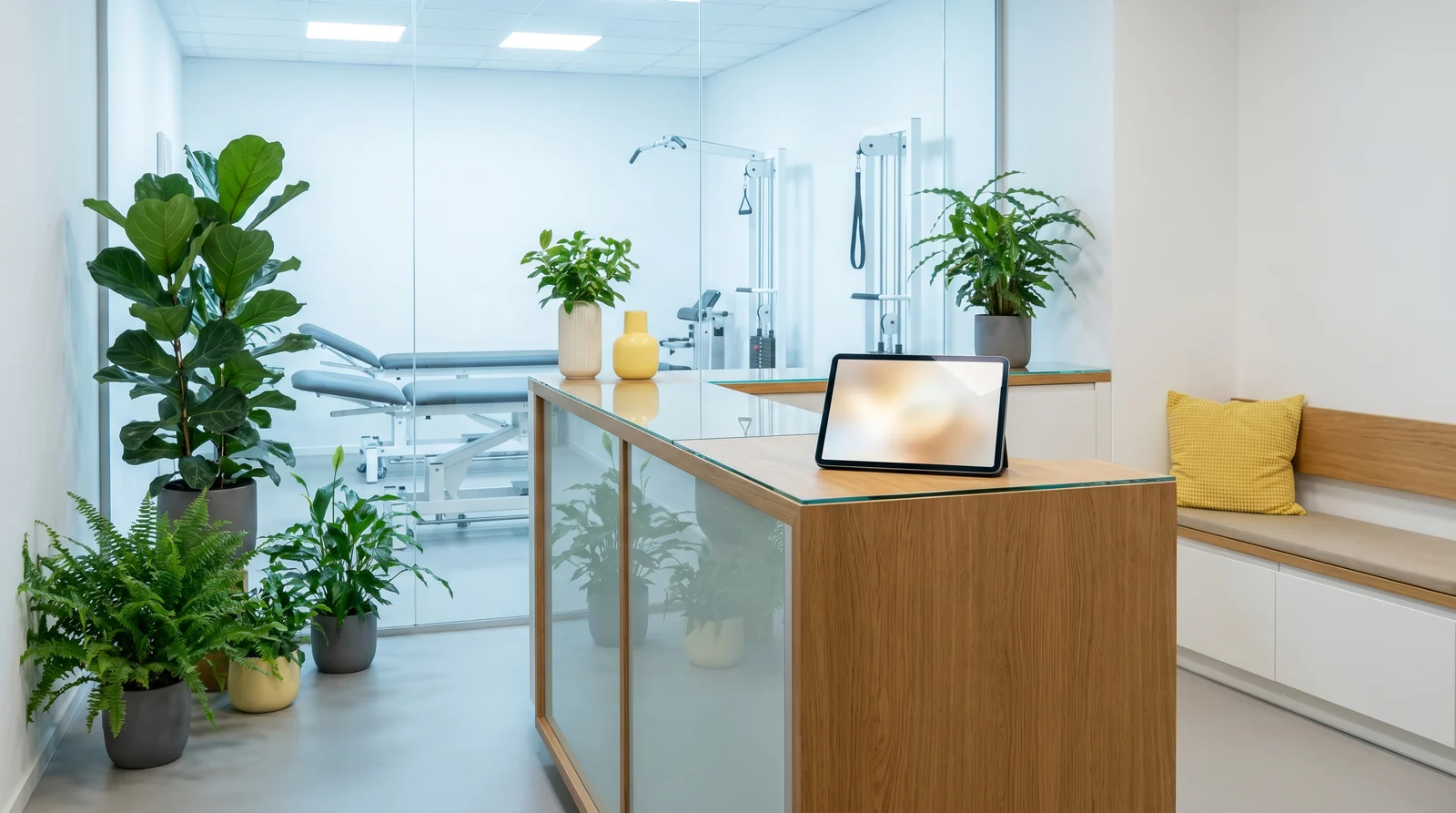 Heller, ruhiger Empfangsbereich einer modernen Physiotherapie-Praxis mit Tablet auf der Theke