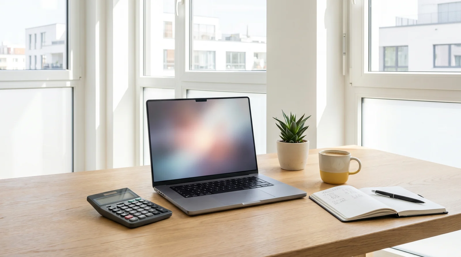 Aufgeraeumter Schreibtisch im Backoffice einer Physiotherapie-Praxis mit Taschenrechner, Laptop und Notizbuch