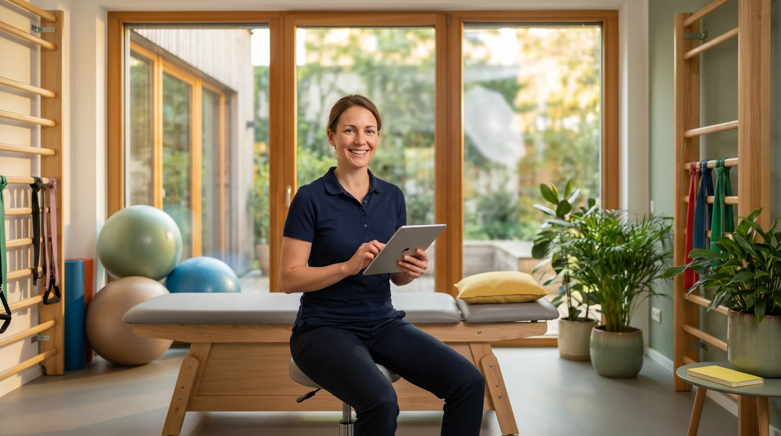Physiotherapeut dokumentiert zwischen zwei Behandlungen auf einem Tablet im hellen Behandlungsraum