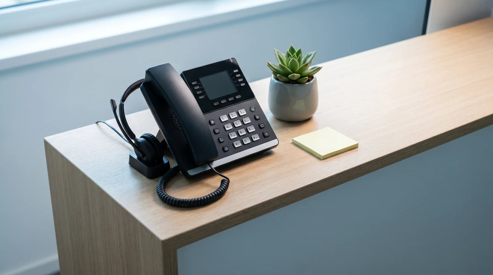 Bürotelefon mit Headset auf einem aufgeräumten Empfangstresen einer Arztpraxis