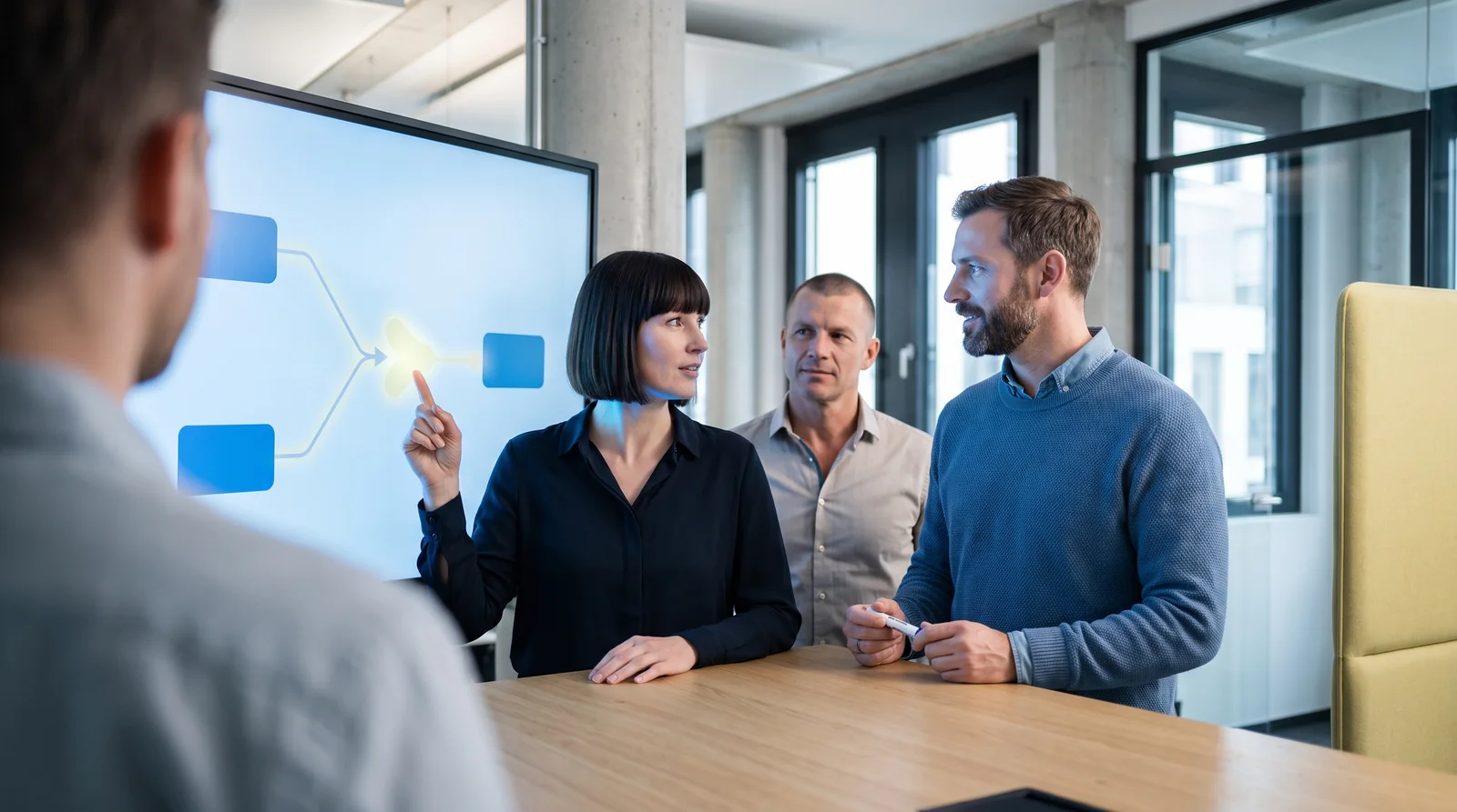 Team bespricht ein Prozessdiagramm an einem Wanddisplay im modernen Büro