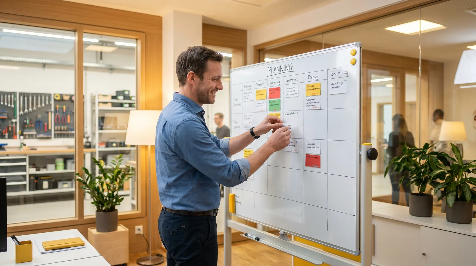 Mitarbeiter in einem modernen Handwerksbetrieb koordiniert Aufträge an einem Planungsboard