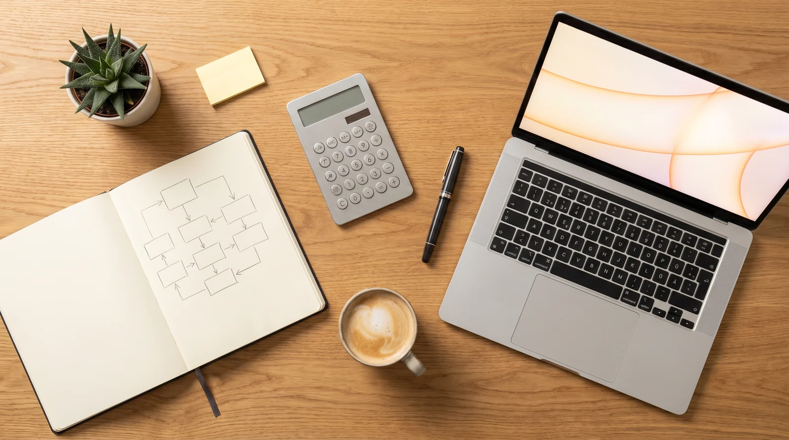 Aufgeräumter Schreibtisch mit Notizbuch, Rechner und Laptop zur Planung von Prozessen im Mittelstand