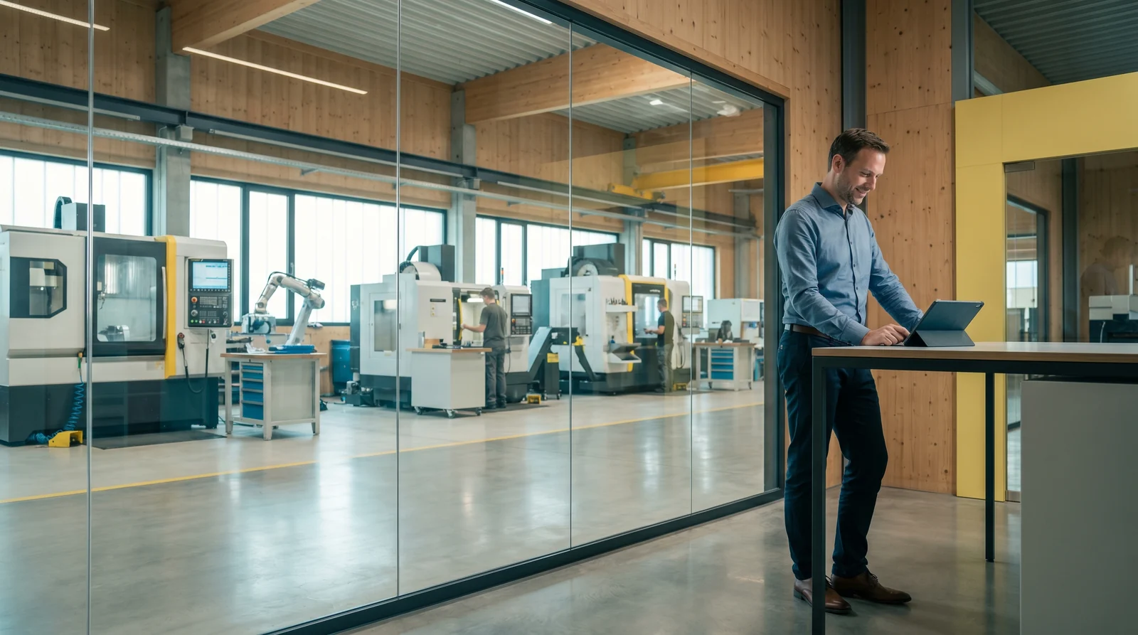 Ingenieur im hellen Produktionsbüro eines Maschinenbaubetriebs, Werkstatt durch Glas sichtbar