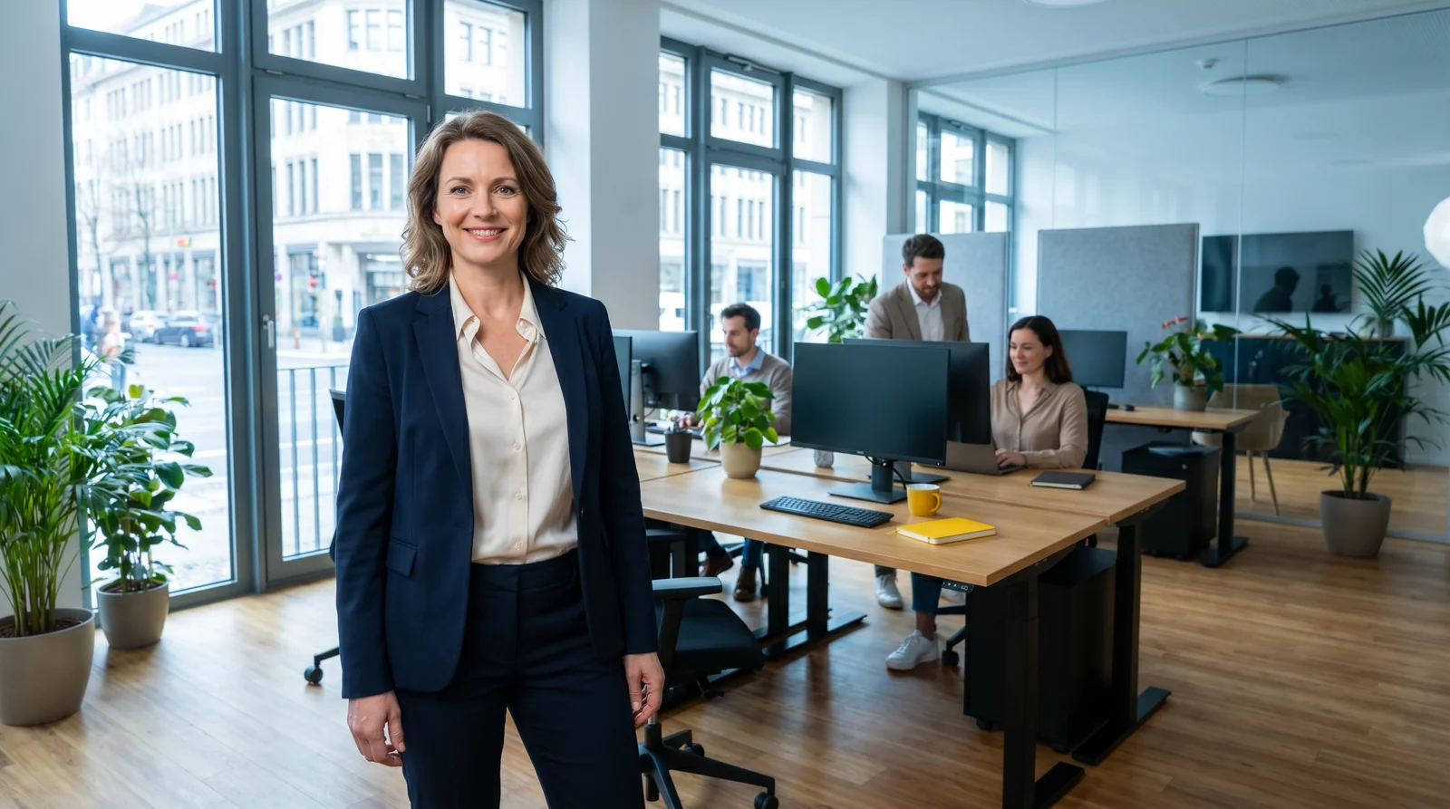 Selbstbewusste Mittelstands-Unternehmerin in einem hellen modernen Büro mit Team im Hintergrund