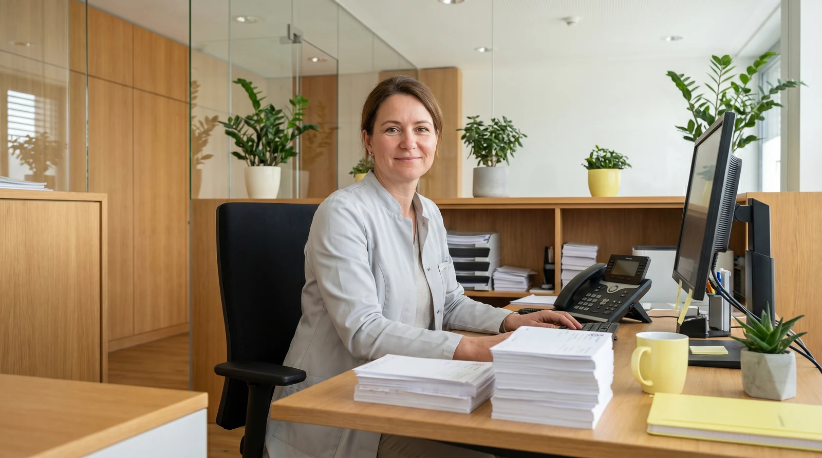 Medizinische Fachangestellte bearbeitet Rezeptanfragen am Arbeitsplatz einer Hausarztpraxis