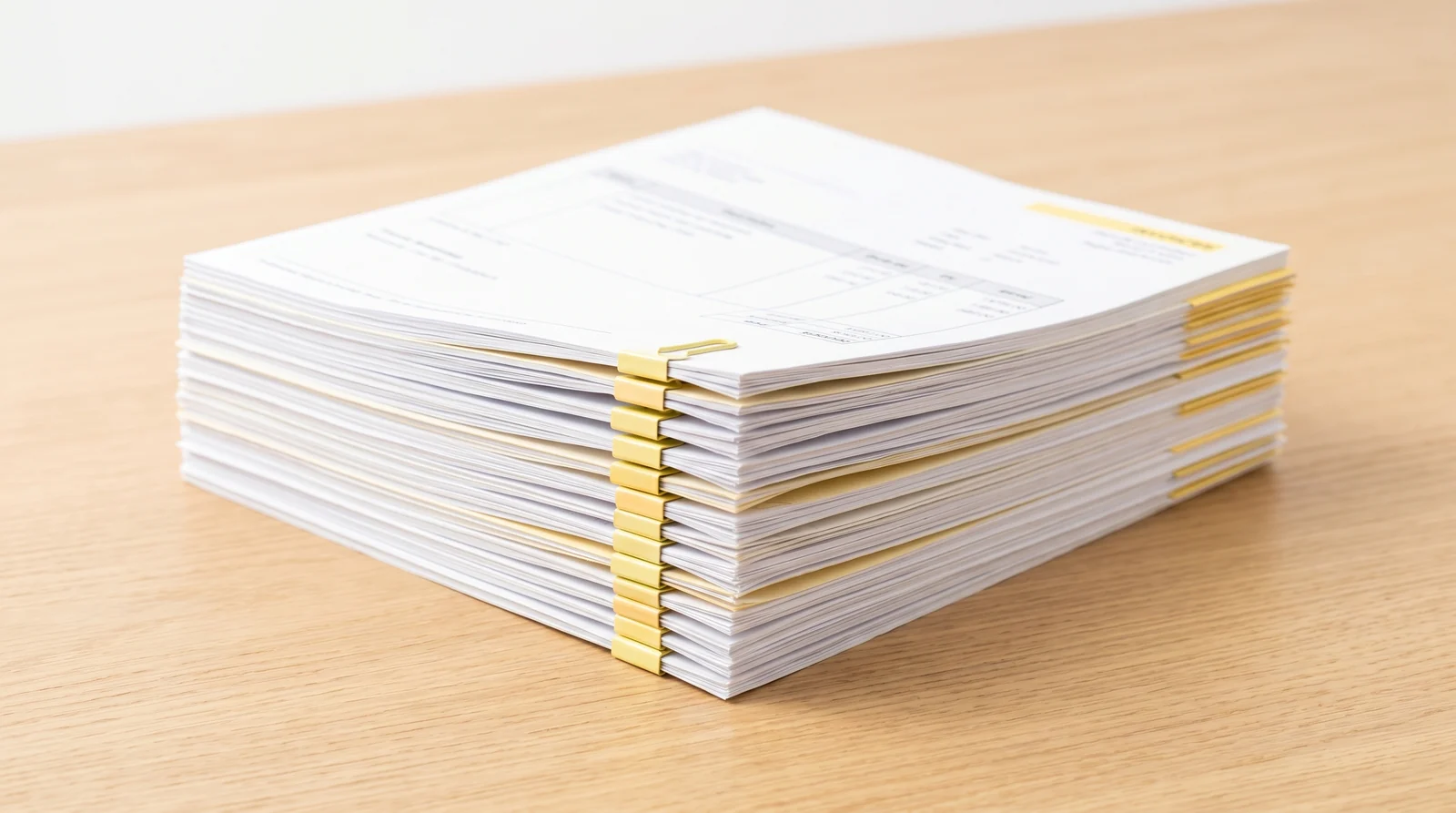 Ordentlich geclipter Stapel sortierter Rechnungen auf hellem Holz