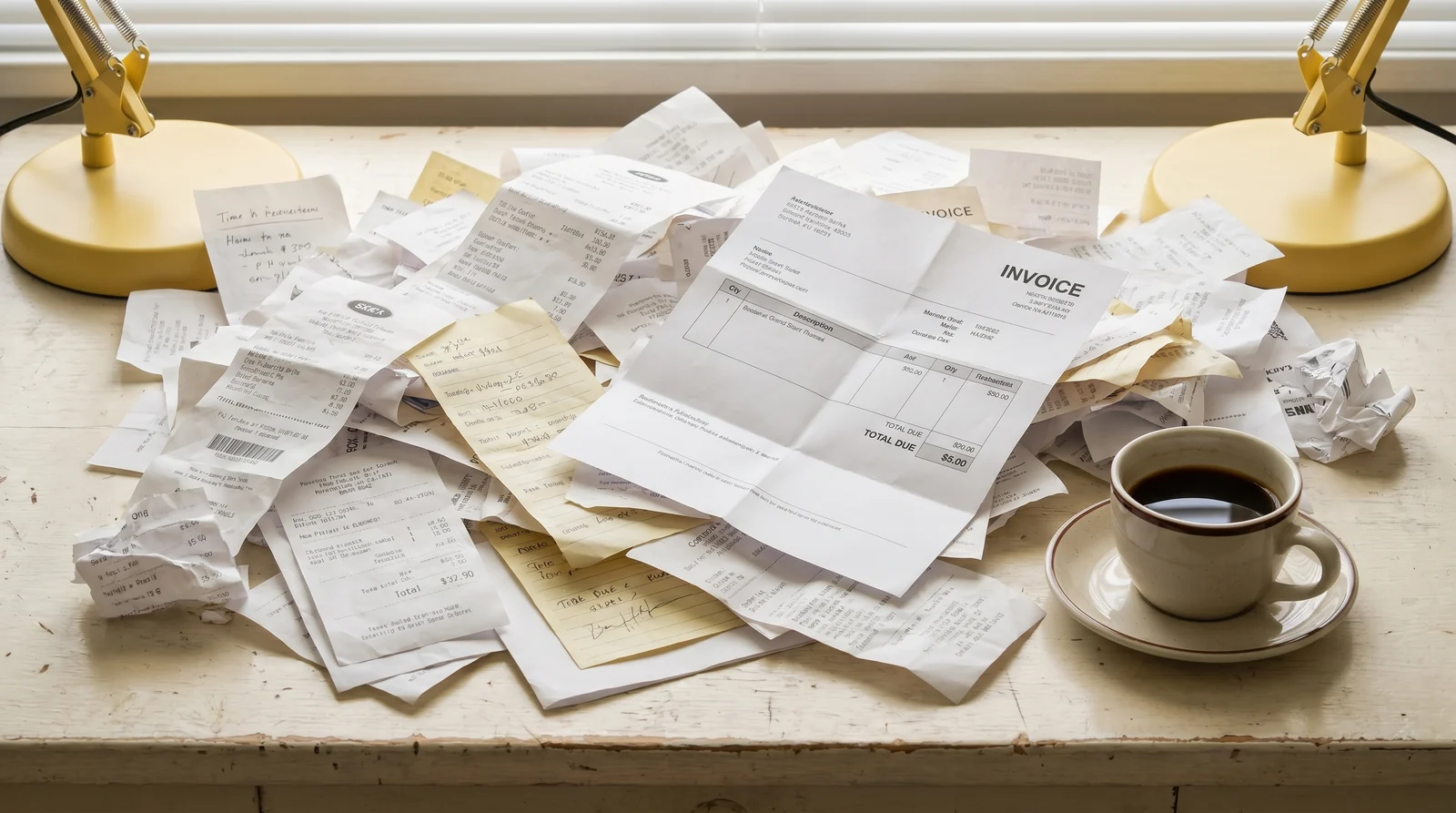 Großer ungeordneter Stapel Papierbelege auf einem hellen Schreibtisch als Sinnbild für die Erfassungslast
