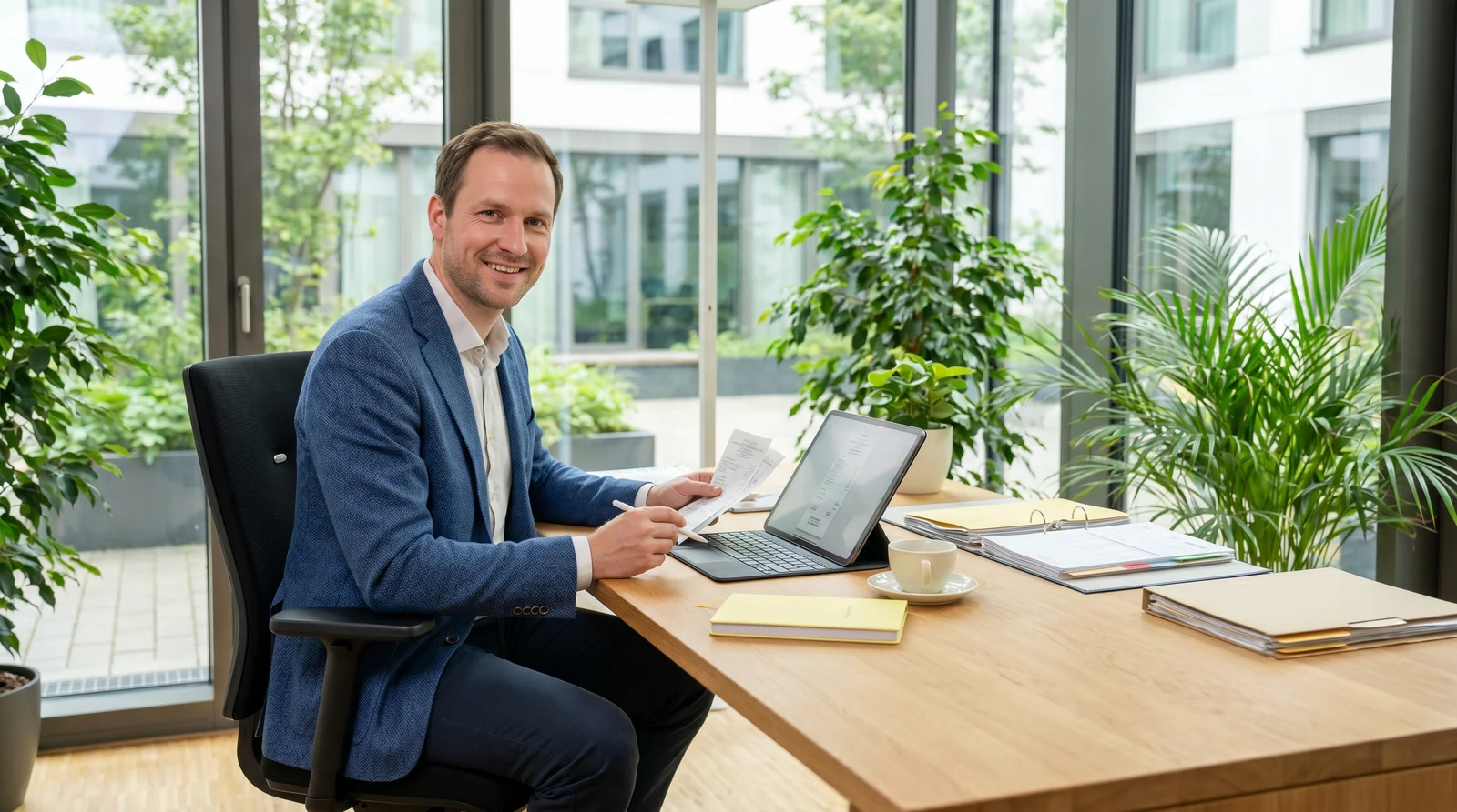 Steuerberater sortiert digitale Belege auf einem Tablet am Schreibtisch