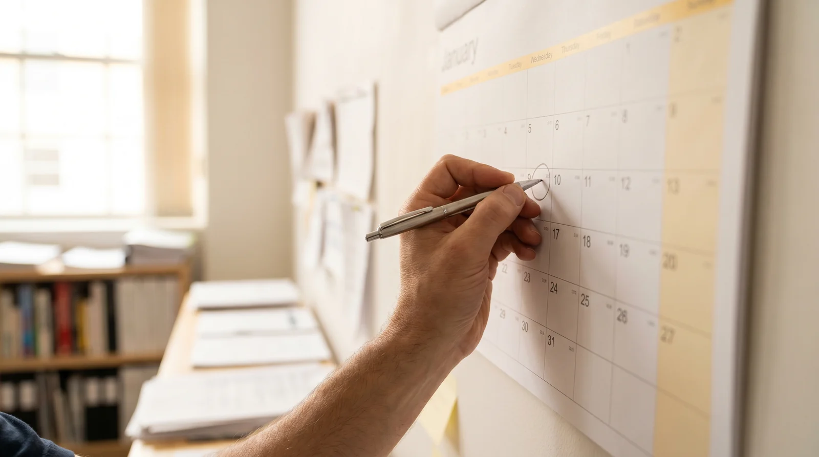 Hand markiert ein Datum auf einem Papier-Wandkalender mit dem Stift