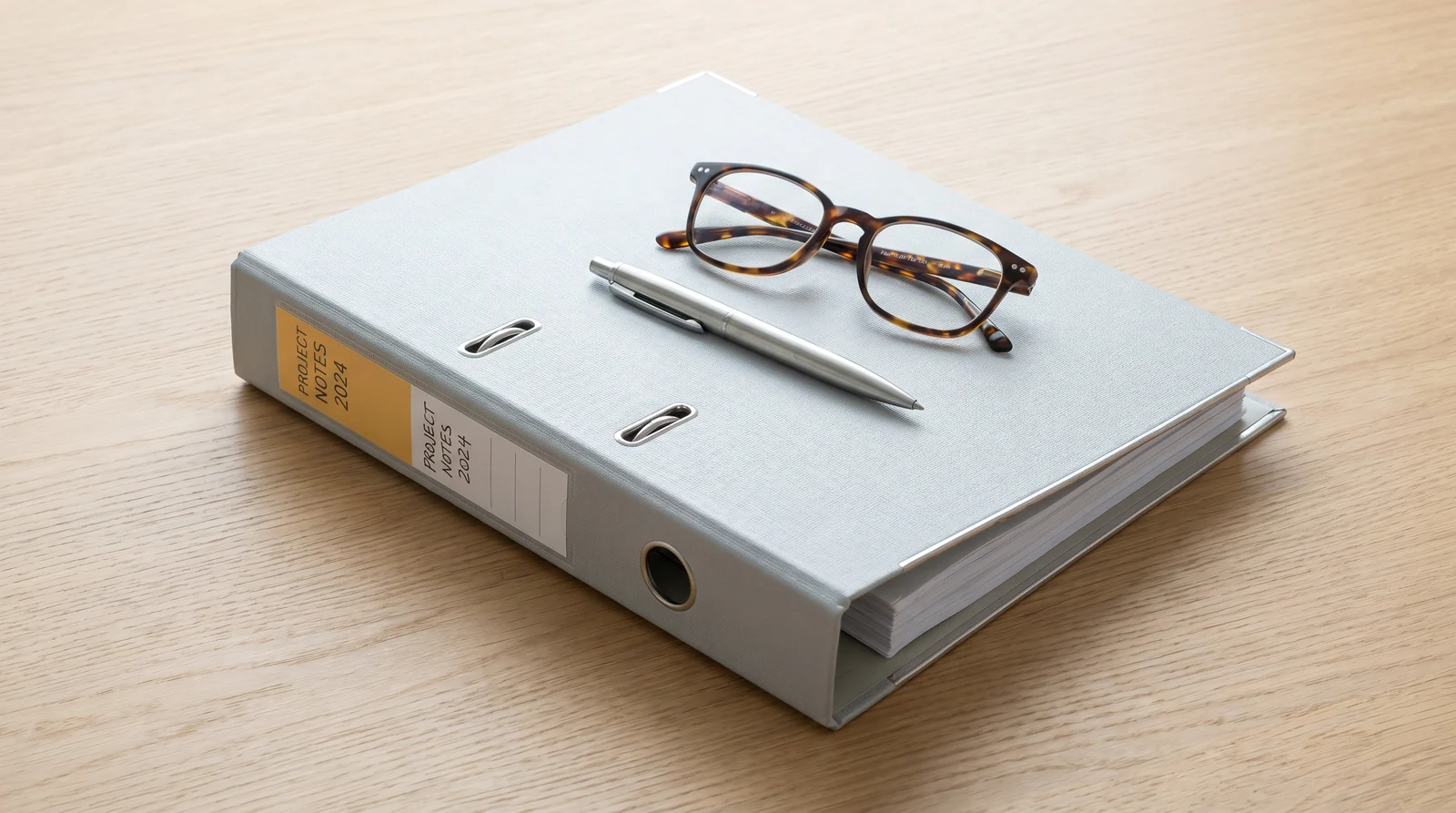 Geschlossener beschrifteter Ordner mit Stift und Lesebrille auf hellem Schreibtisch