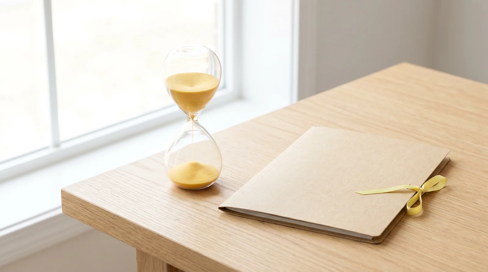 Sanduhr neben einer geschlossenen Aktenmappe auf hellem Schreibtisch