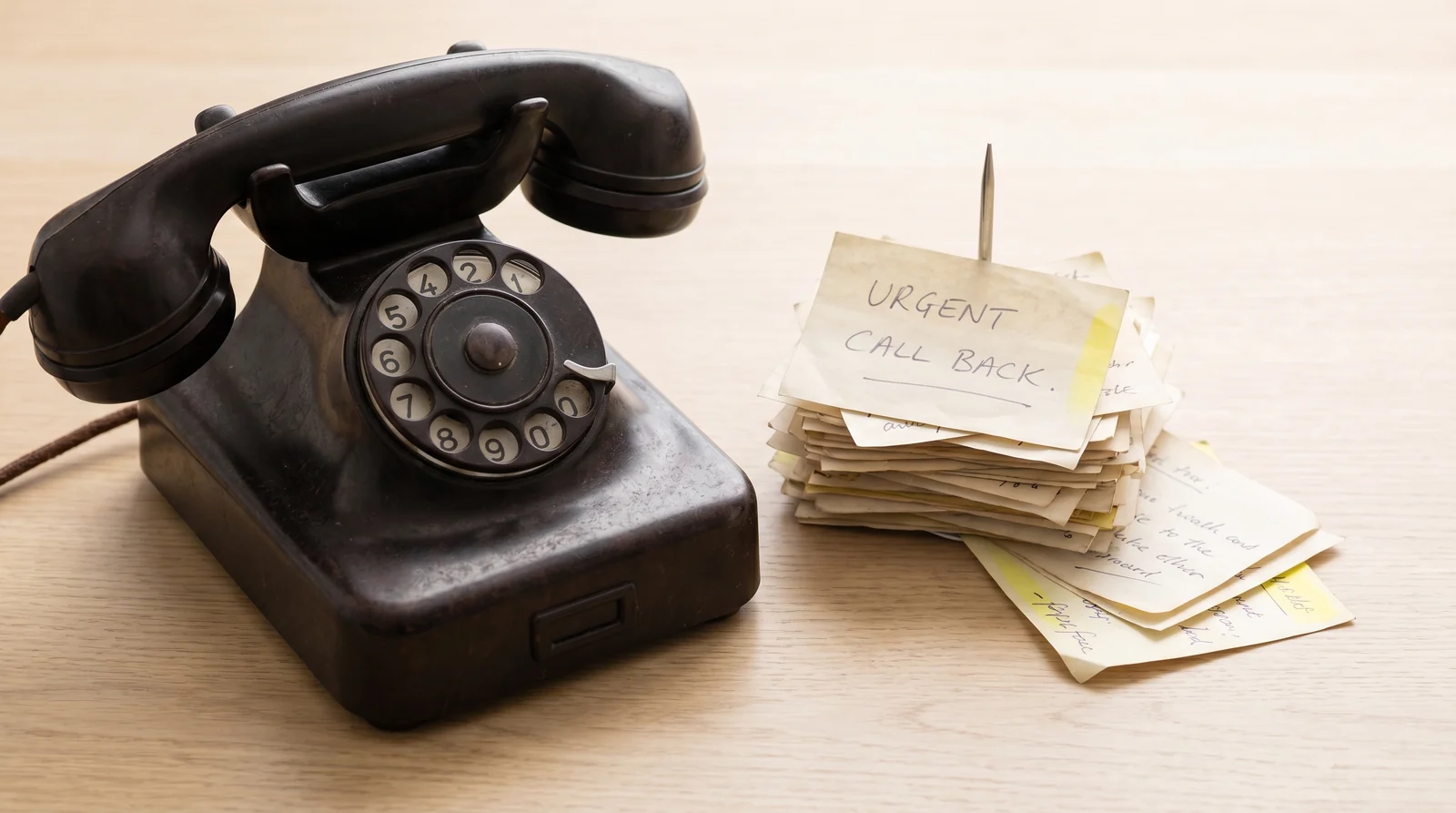 Klassisches Tischtelefon mit Notizzetteln auf hellem Schreibtisch als Sinnbild für den Telefon-Engpass