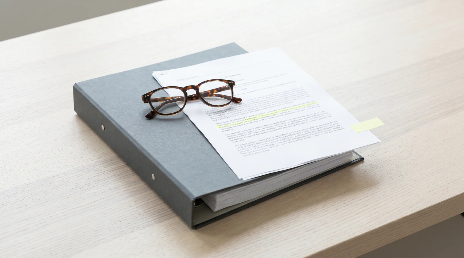 Geschlossener Ordner mit Lesebrille und Dokument auf hellem Schreibtisch