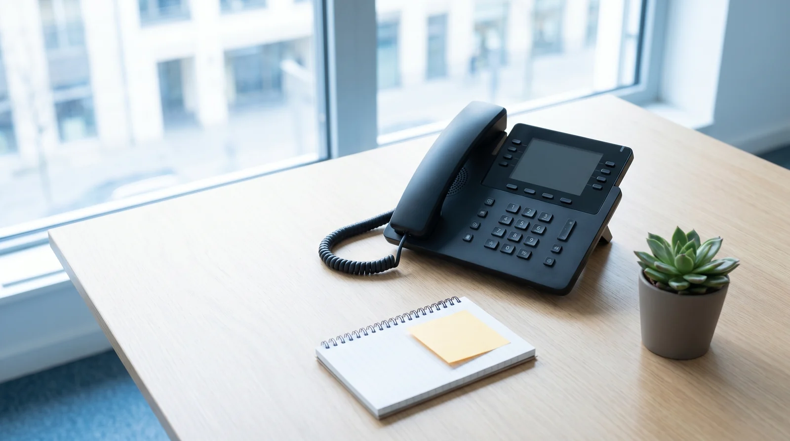 Telefon und Notizblock auf einem hellen Schreibtisch einer Hausverwaltung