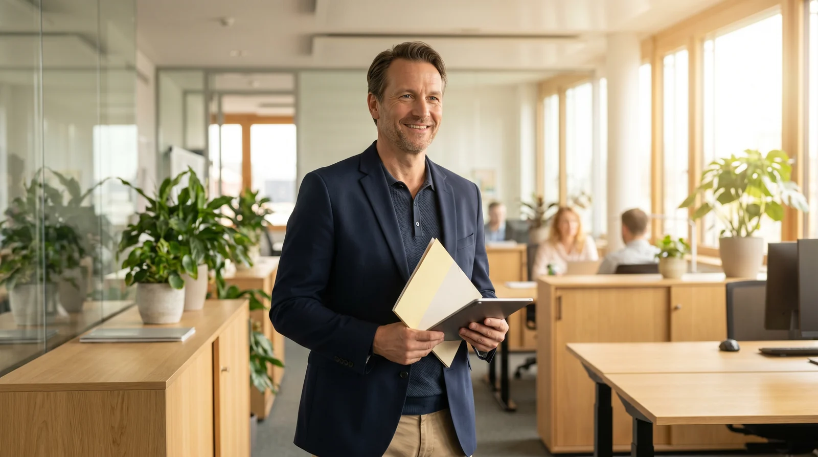 Selbstbewusster Hausverwalter steht ruhig in einem hellen modernen Büro
