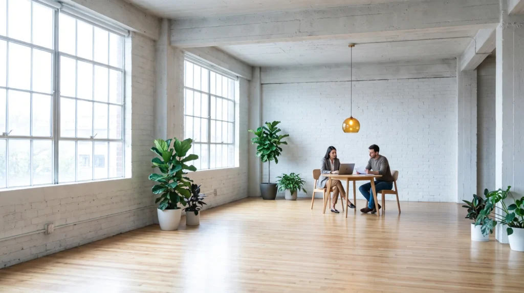 Zwei Fachleute besprechen eine EU-AI-Act-Checkliste am Tisch in einem hellen Loft-Büro