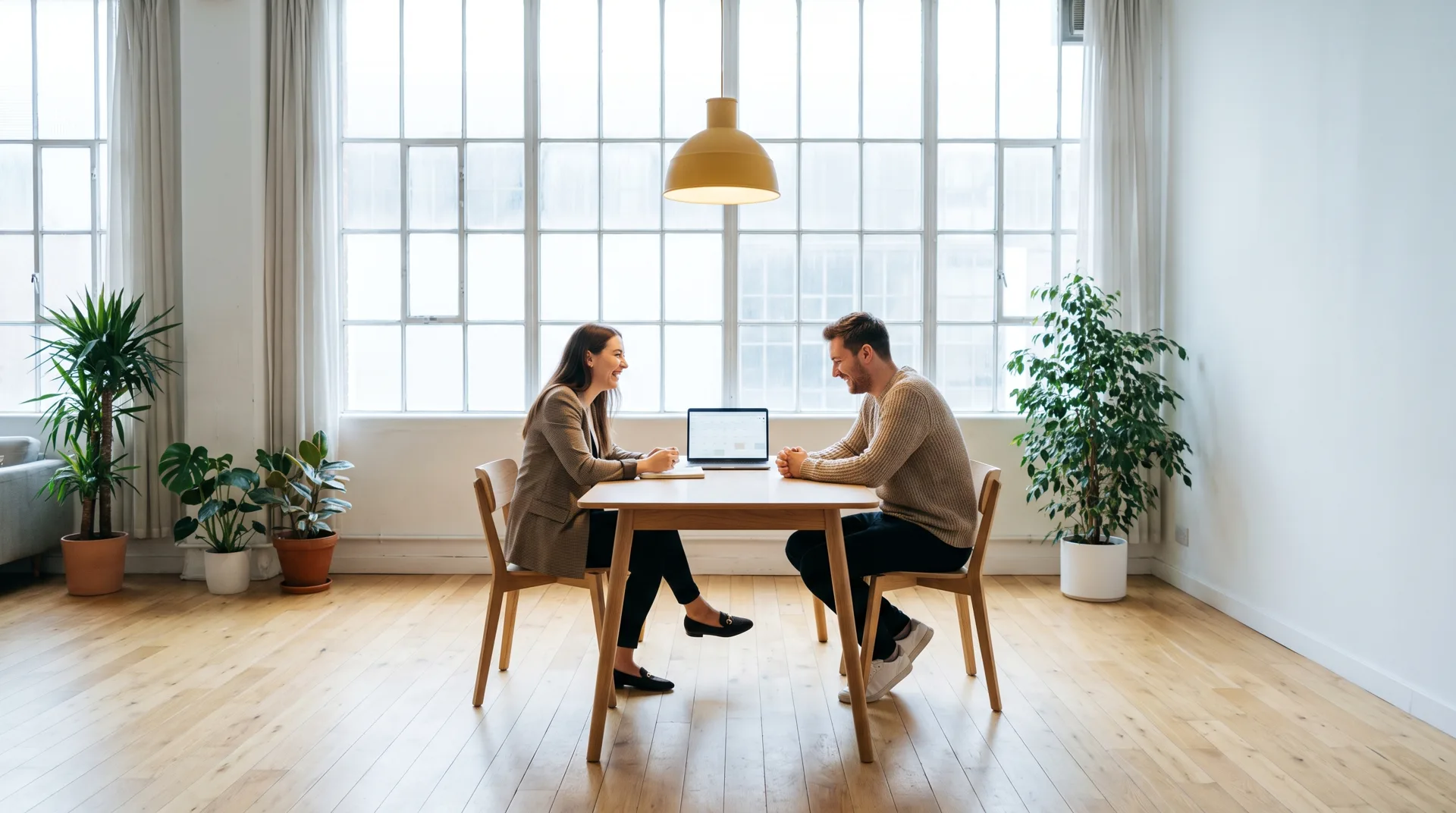 Zwei Personen am Loft-Tisch mit Buchungskalender am Laptop